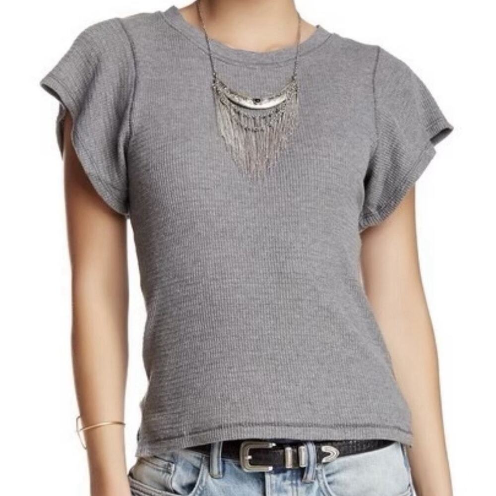 Free People We The Free Flutter Sleeve Thermal Tee Top Size Small Charcoal